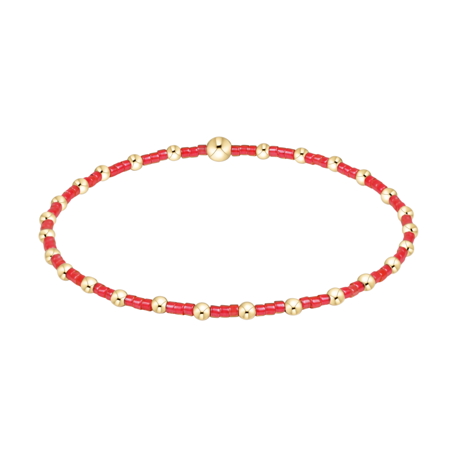 Stretch bracelet with alternating red seed beads and small gold metal spheres