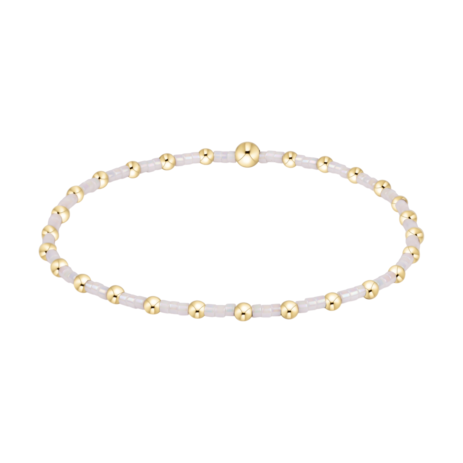Stretch bracelet with alternating gold tone metal beads and small white glass seed beads