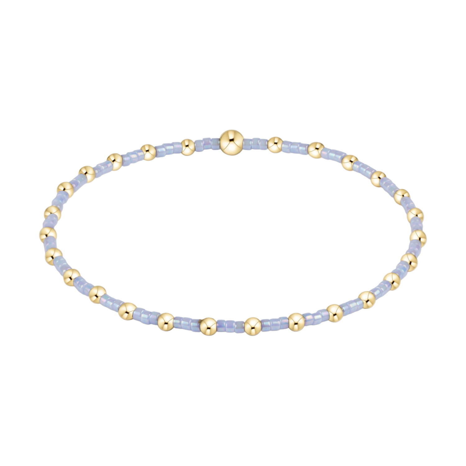 Stretch bracelet with light blue seed beads and gold tone metal spacer beads