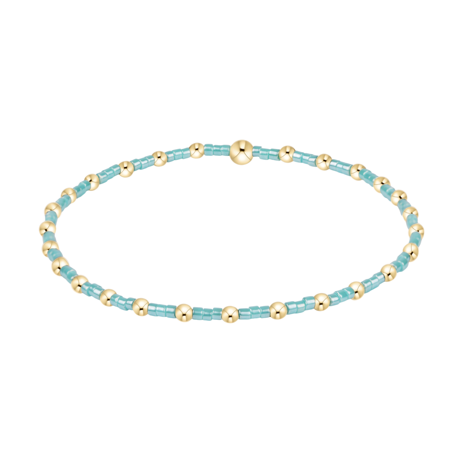 Stretch bracelet with alternating light blue seed beads and gold metallic spheres