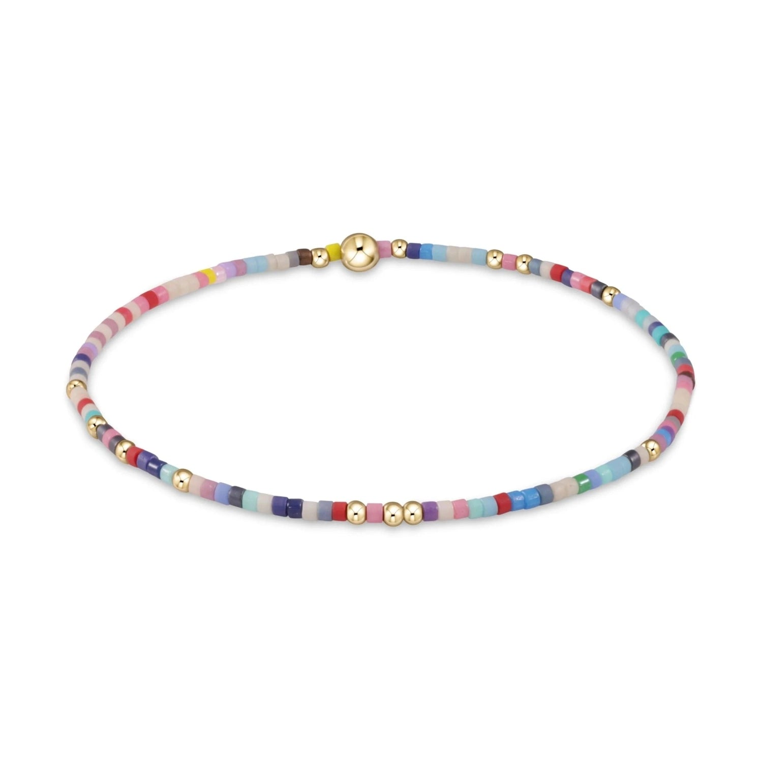 A vibrant, flat disc beaded bracelet featuring a mix of pastel and bright colors interspersed with small gold accent beads and a prominent gold clasp