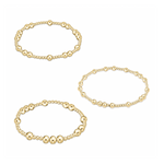 Three polished gold beaded bracelets showcasing varying bead sizes from uniform small beads to larger graduated designs each with a brilliant reflective finish