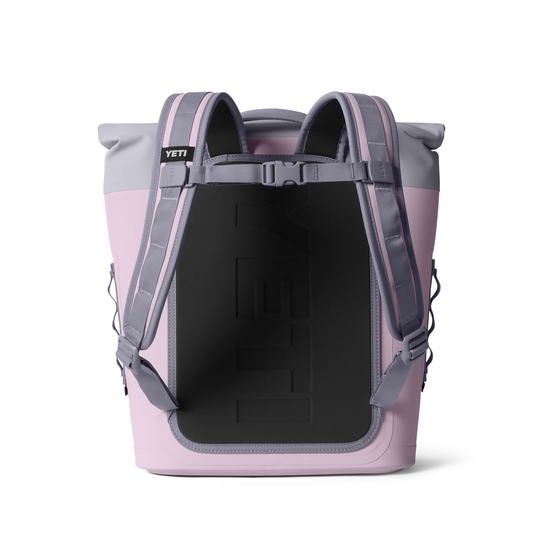 Yeti pink and light gray cooler backpack with a roll-top closure and embossed Yeti logo on the dark gray back panel
