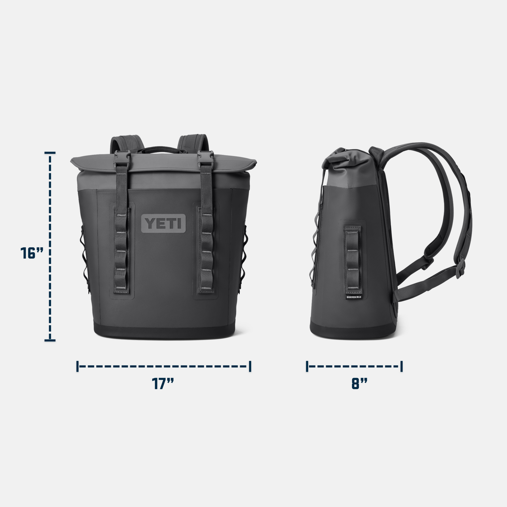 YETI Hopper M12 backpack cooler in dark charcoal grey with a lighter grey roll-top magnetic closure, depicted in front and side views showing dimensions 16 inches high 17 inches wide and 8 inches deep