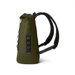 Product photograph of an olive green roll-top cooler backpack featuring black padded shoulder straps, side cinch cords, and Hopper M12 branding on its webbing attachment system