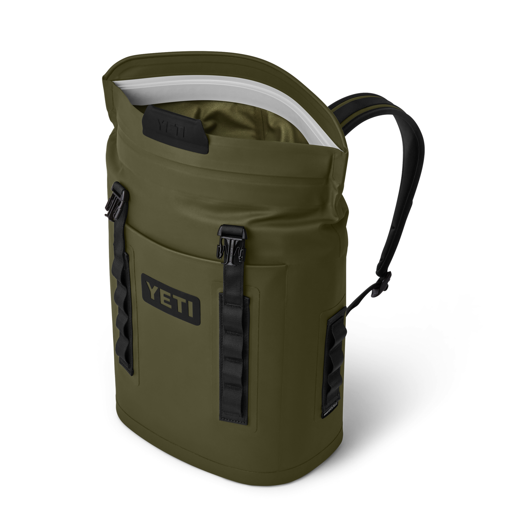 YETI Hopper M30 soft cooler backpack in Highlands Olive green color featuring an open magnetic top, black padded shoulder strap, and prominent YETI logos