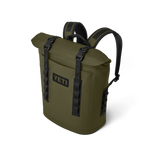 Yeti product photography featuring an olive green Hopper M20 soft cooler backpack with a roll-top closure and prominent black YETI logo on an isolated black background