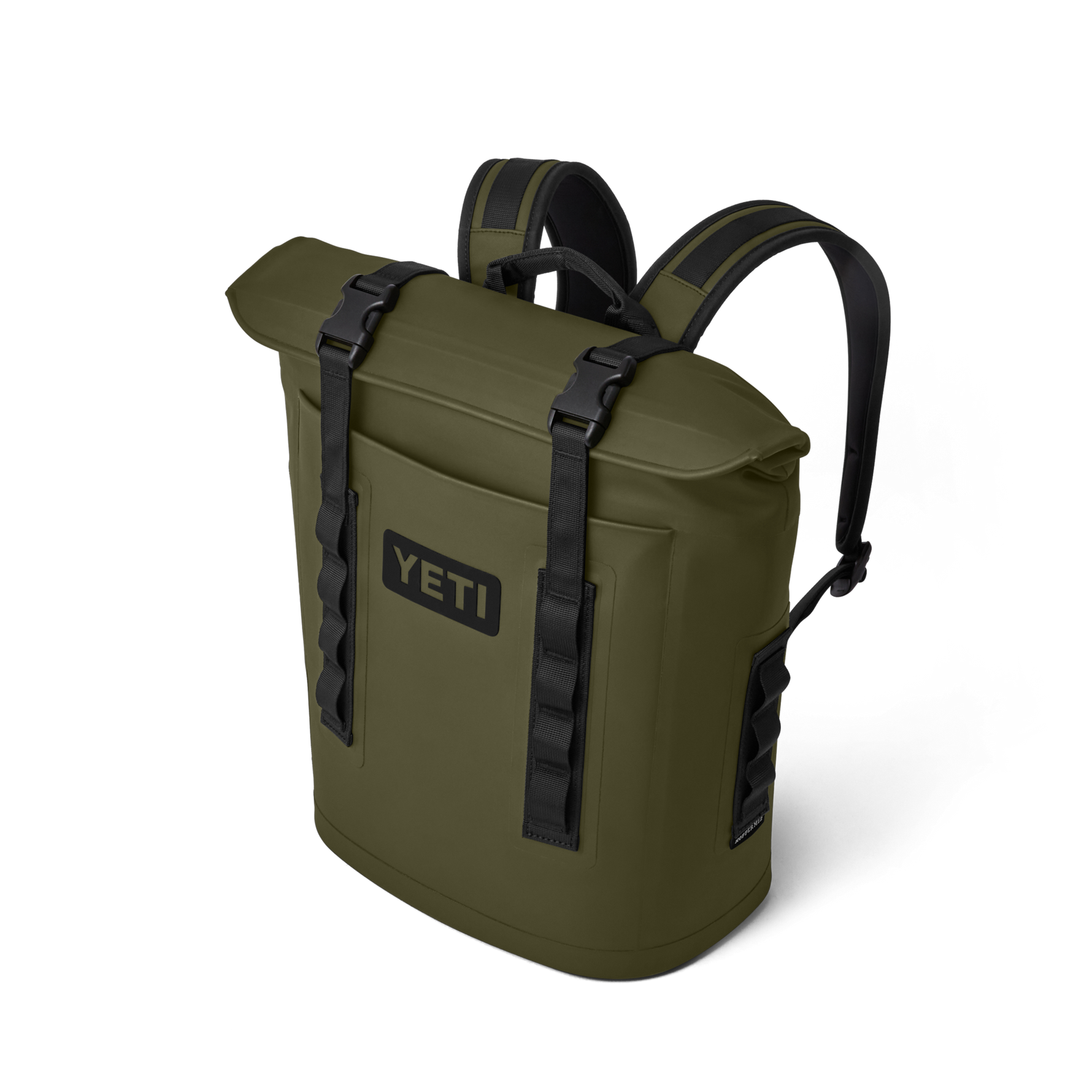 Yeti product photography featuring an olive green Hopper M20 soft cooler backpack with a roll-top closure and prominent black YETI logo on an isolated black background