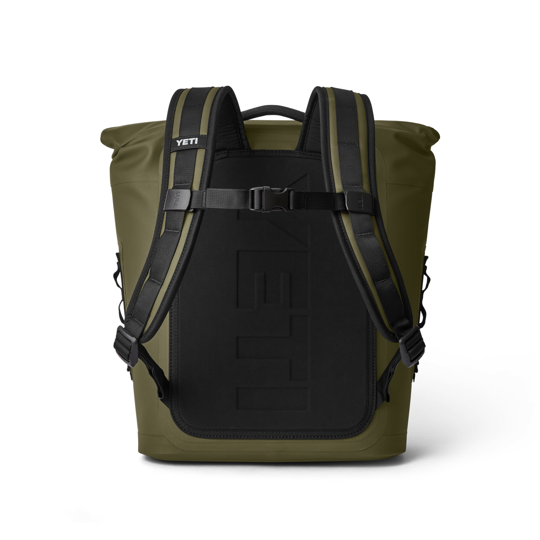 Product photograph of an olive green YETI roll-top backpack viewed from the rear, showcasing black padded shoulder straps, a chest buckle, and a large embossed YETI logo on its black back panel