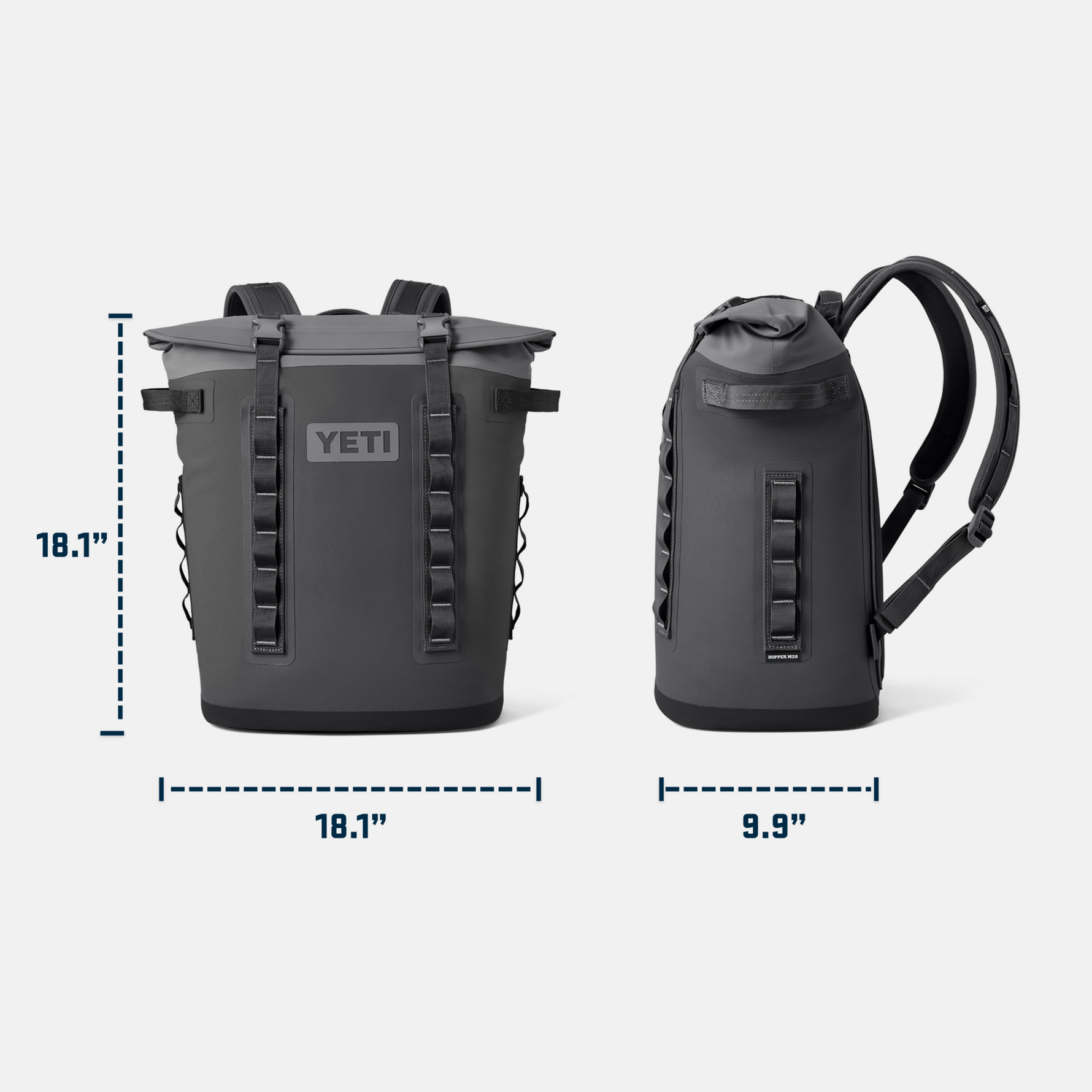 Product photograph of a charcoal grey YETI Hopper M20 soft cooler backpack, displaying its front and side profiles with a roll-top magnetic closure, padded shoulder straps, and indicated dimensions of 18.1 inches high 18.1 inches wide and 9.9 inches deep
