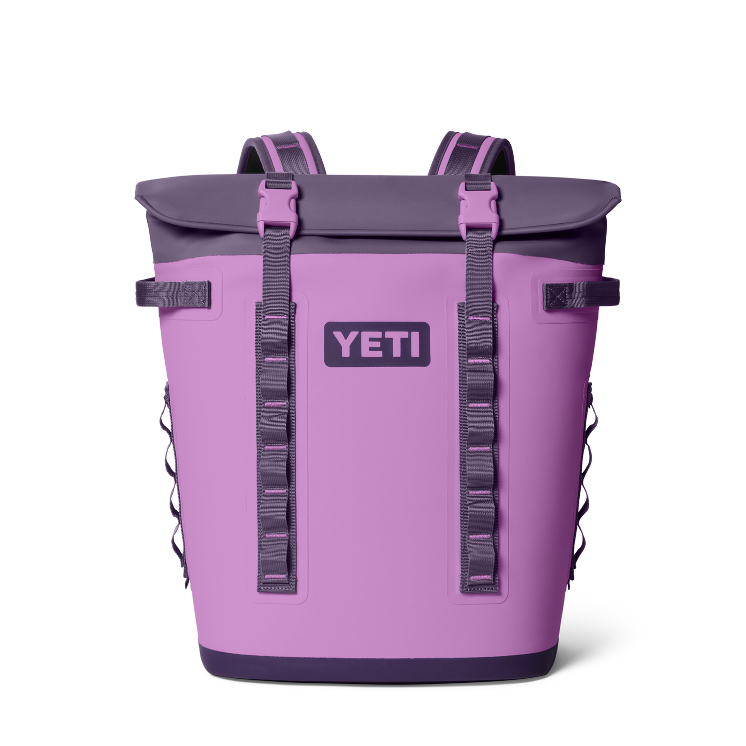 Product photography of a YETI Hopper M20 Soft Cooler Backpack in vibrant periwinkle and dark grey with a prominent YETI logo and bright pink buckles on a black studio background