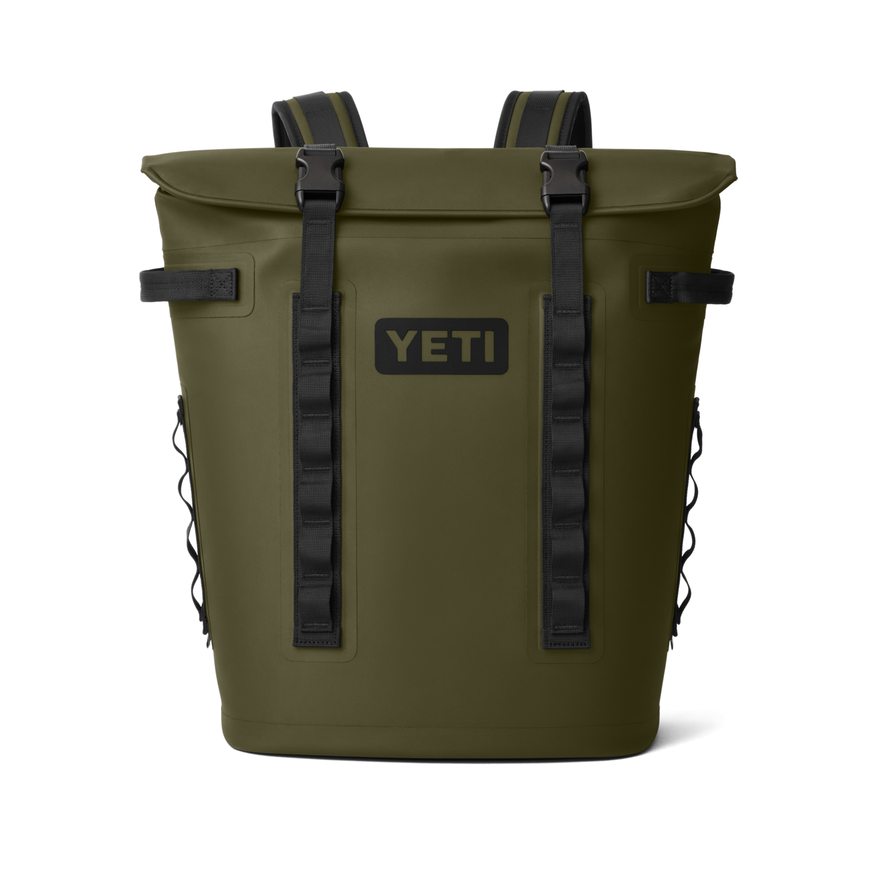 YETI olive green soft cooler backpack featuring a roll-top closure, bold black YETI logo, and durable black buckle straps