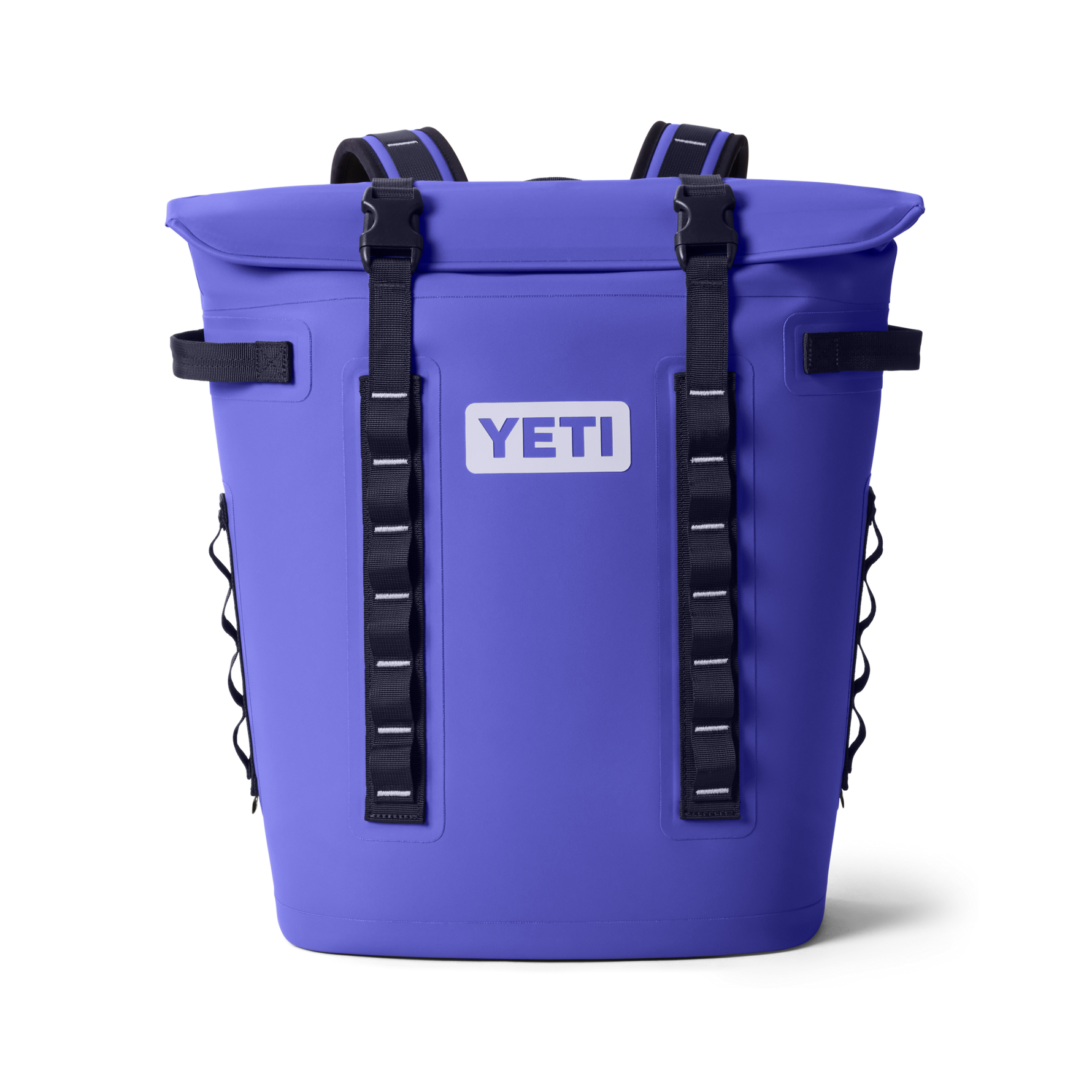 A vibrant periwinkle blue YETI cooler backpack showing its roll-top closure and white YETI logo against a black background