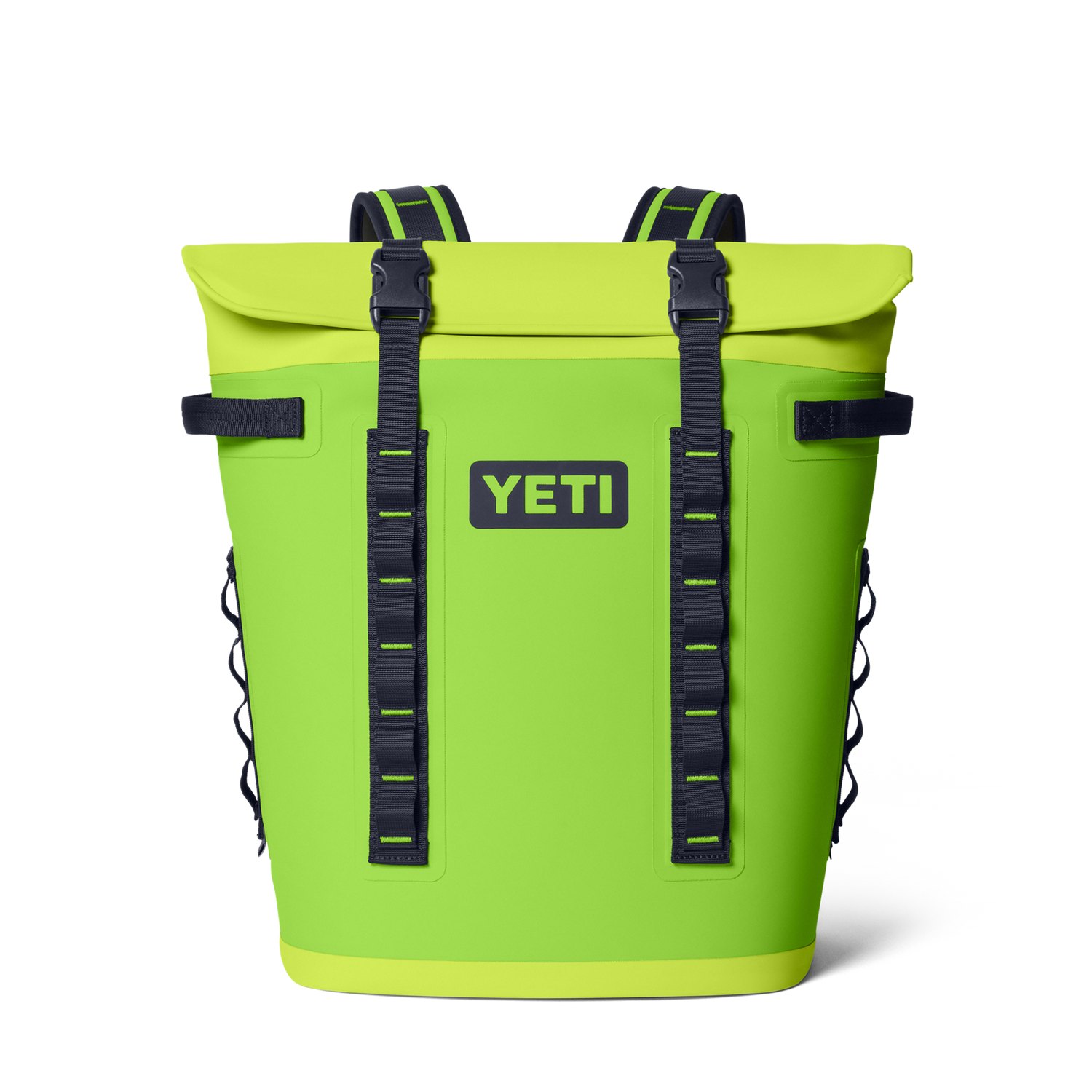 YETI Panga 28 waterproof backpack cooler in vibrant lime green featuring a secure roll-top closure, black webbing straps, and a prominent YETI logo