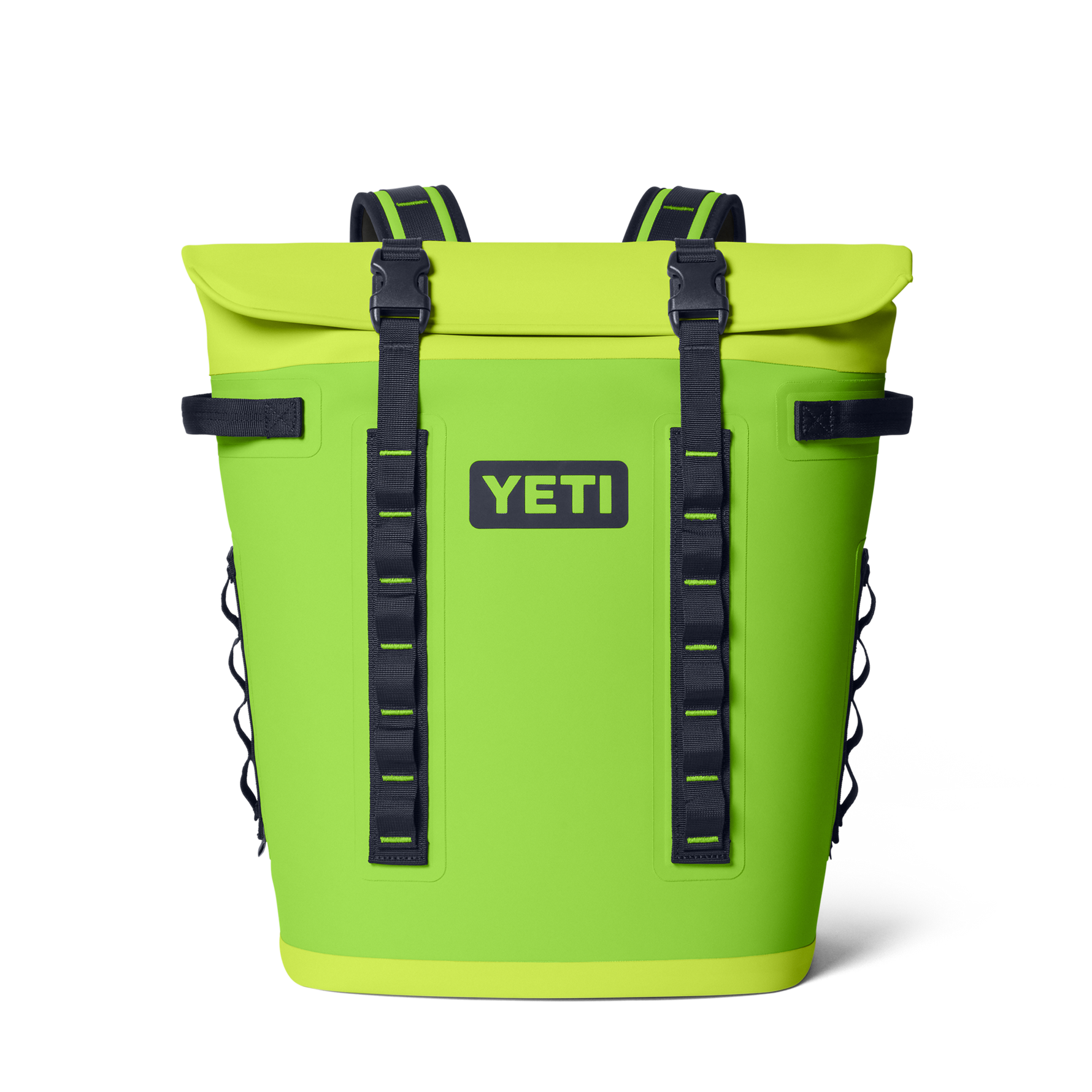 YETI Panga 28 waterproof backpack cooler in vibrant lime green featuring a secure roll-top closure, black webbing straps, and a prominent YETI logo