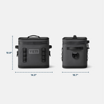 YETI Hopper Flip 12 charcoal grey soft cooler shown with front and side views displaying the YETI logo Hopper Flip 12 tag and dimensions of 12 inches high 14.3 inches wide and 10.7 inches deep