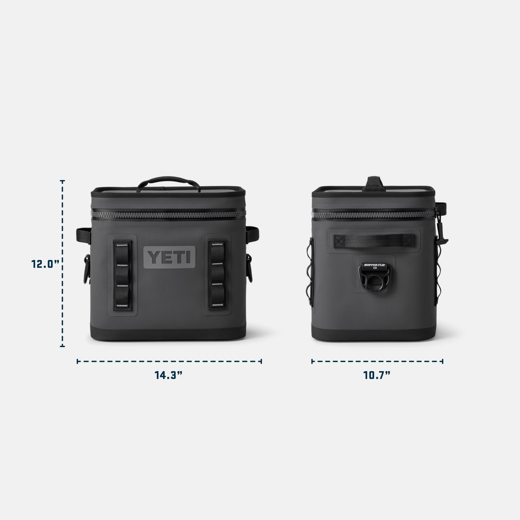 Product photography of YETI Hopper Flip 12 charcoal grey soft coolers displayed in front and side views showing the YETI logo Hopper Flip 12 label heavy-duty zipper side webbing loops and dimensions of 12.0 inches high 14.3 inches wide and 10.7 inches deep on a light grey background