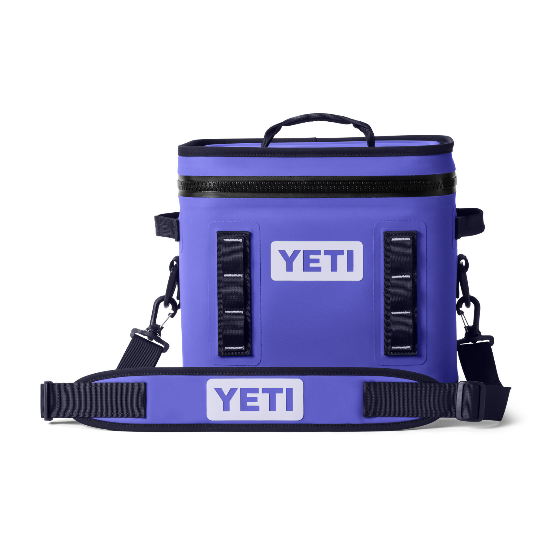 Product photography of a vibrant purple Yeti soft cooler bag featuring a white Yeti logo, durable black top zipper, and an adjustable shoulder strap