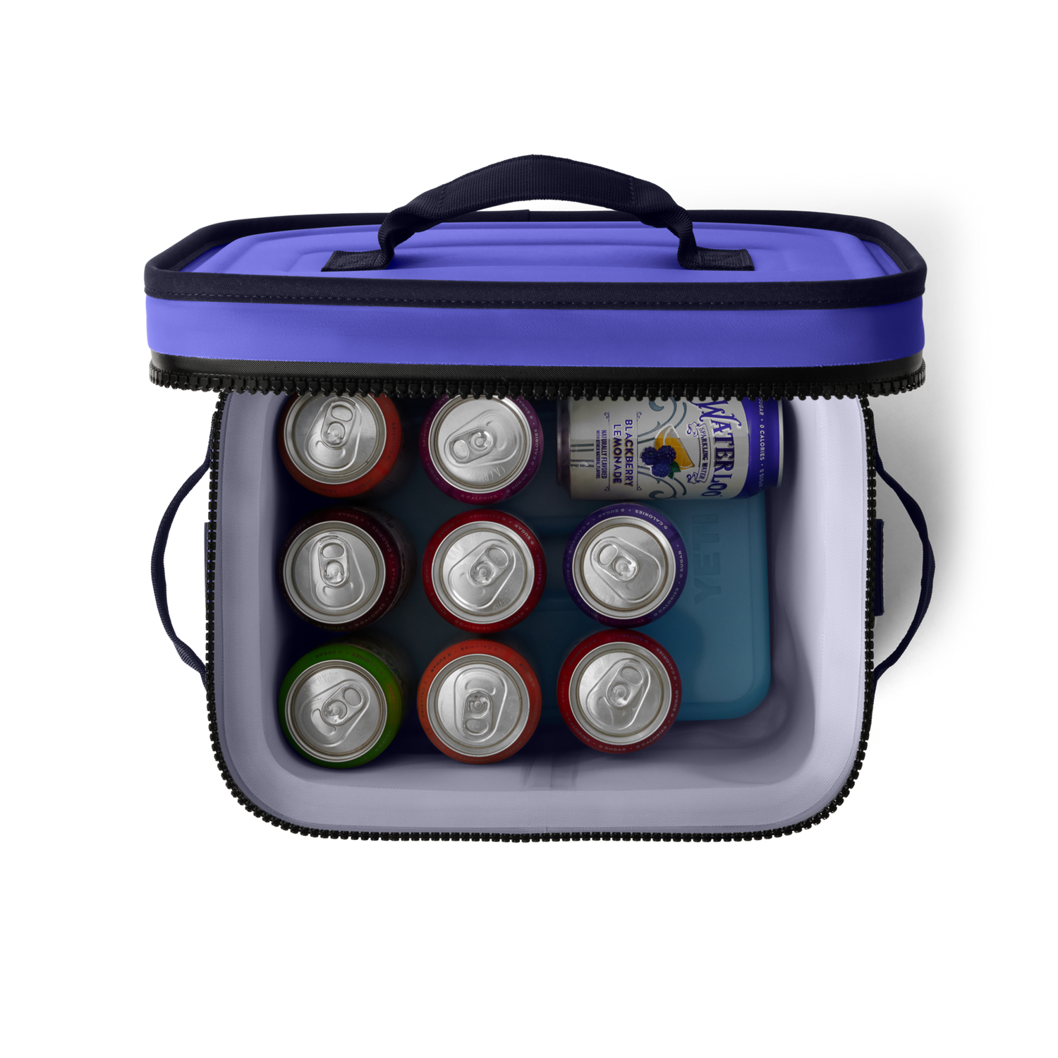 A studio shot of a vibrant purple cooler holding an array of colorful beverage cans including Waterloo Blackberry Lemonade and a blue Yeti ice pack
