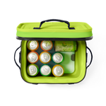 Digital product photography of an open neon green soft cooler bag with black zipper and handles filled with nine colorful beverage cans including Waterloo Lemon-Lime and a light green Yeti ice pack