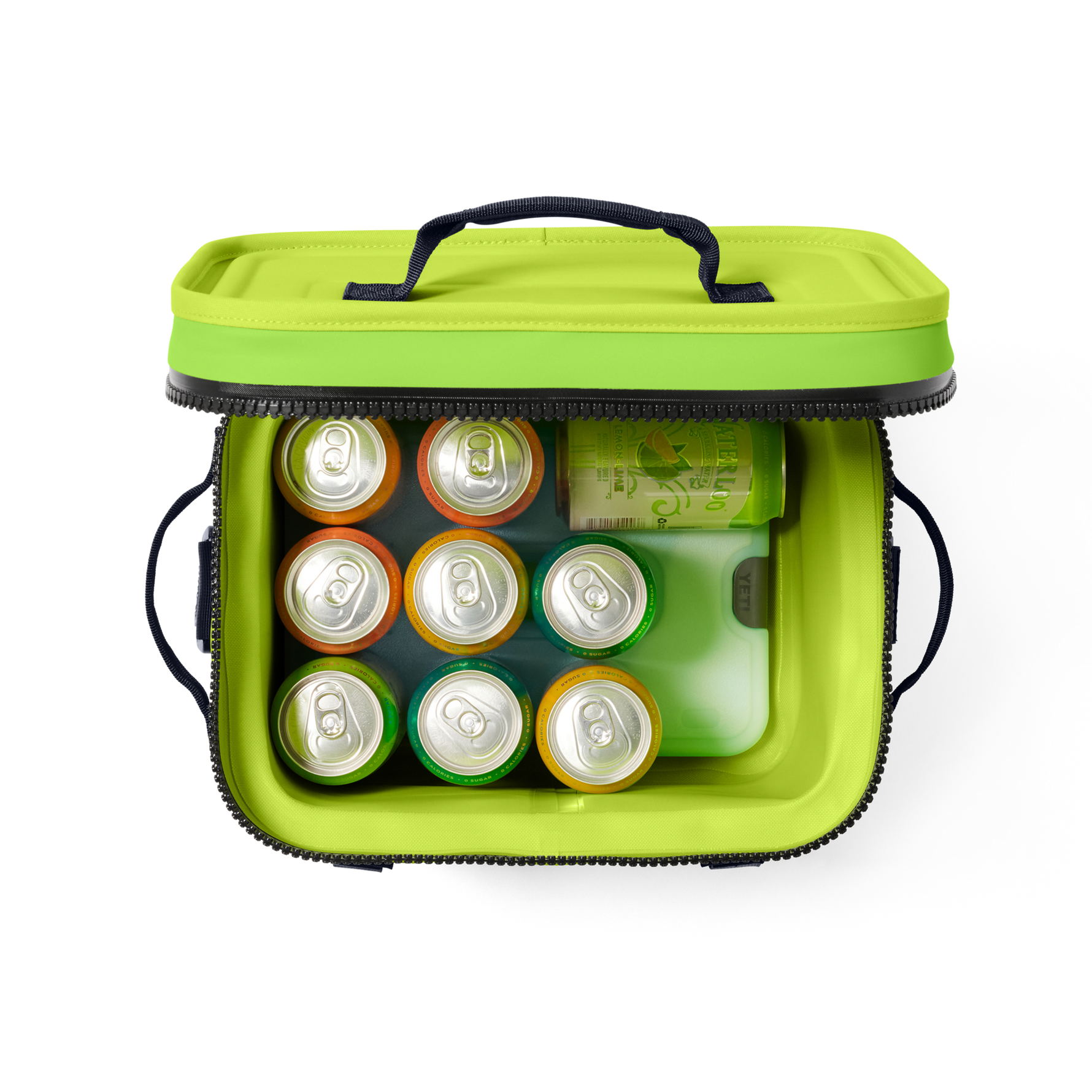 Digital product photography of an open neon green soft cooler bag with black zipper and handles filled with nine colorful beverage cans including Waterloo Lemon-Lime and a light green Yeti ice pack