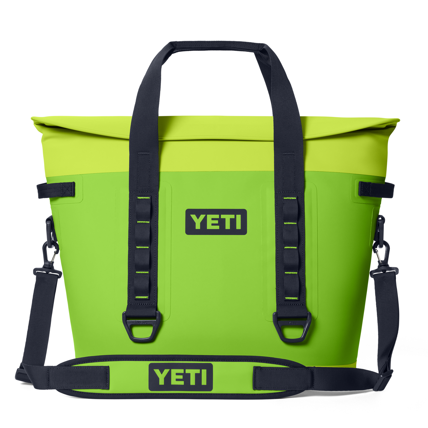 Digital product photo, YETI Hopper M30 soft cooler bag in bright chartreuse green on a black background showcasing its black YETI logo, roll-top closure, and durable black webbing handles with a detachable shoulder strap