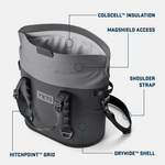 Digital photography by YETI showcasing a charcoal and light gray Hopper M30 soft cooler with COLDCELL insulation, MAGSHIELD access, and a DRYHIDE shell