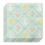 Stack of light green napkins with Easter bunny chick egg basket and tulip pattern