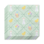 Printed paper napkins displaying a festive Easter pattern of white bunnies with bows yellow chicks colorful egg baskets and bouquets of pink and purple tulips on a soft green bow lattice background