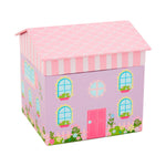 A charming house-shaped storage box featuring a pink scalloped roof a lavender body with blue arched windows and a pink door and a colorful garden illustration along its base