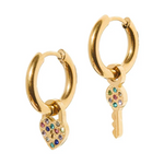 Gold hoop earrings a pair featuring a heart-shaped padlock charm and a key charm both embellished with an array of colorful rhinestones