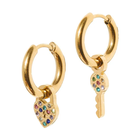 Gold hoop earrings a pair featuring a heart-shaped padlock charm and a key charm both embellished with an array of colorful rhinestones