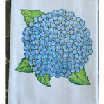 Illustration of a large cluster of vibrant sky blue hydrangea flowers with tiny yellow centers and two rich green leaves on a white background