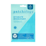 Product photography of Patchology Hydrate Thirst Quenching Sheet Mask 2-pack in light blue packaging featuring a 5-minute application icon and Hyaluronic Acid ingredients