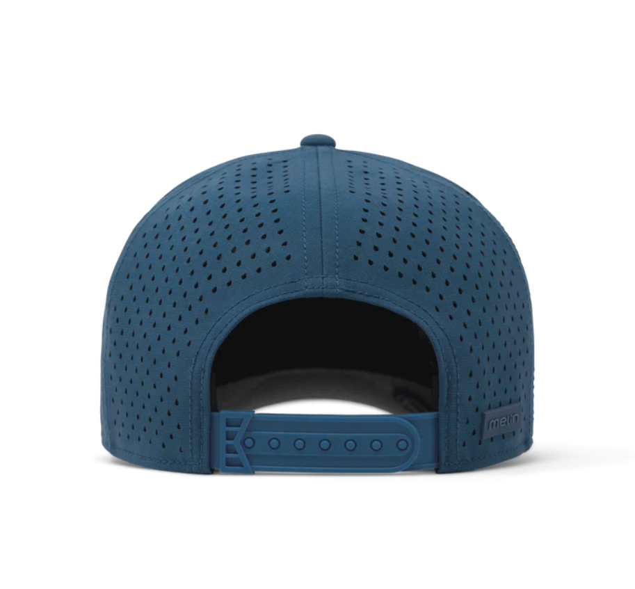 Melin teal performance hat rear view featuring laser-perforated side and back panels an adjustable snapback closure and a subtle brand tag