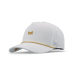 White performance hat featuring a gold M logo, gold and white braided rope trim, and laser-perforated side panels