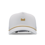 White performance golf cap with a gold 'M' logo on the front and a textured gold and white braided rope accent above the brim