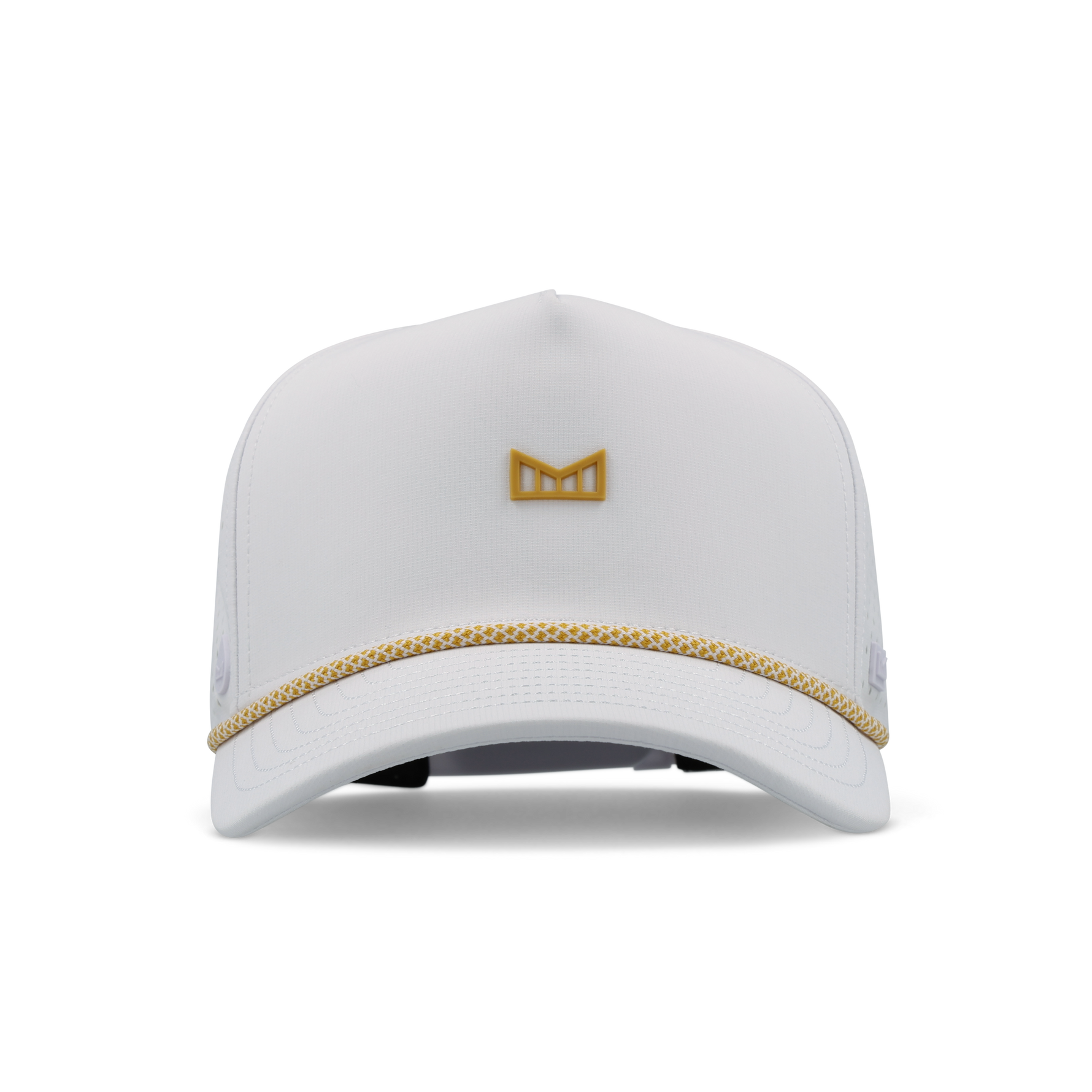 White performance golf cap with a gold 'M' logo on the front and a textured gold and white braided rope accent above the brim
