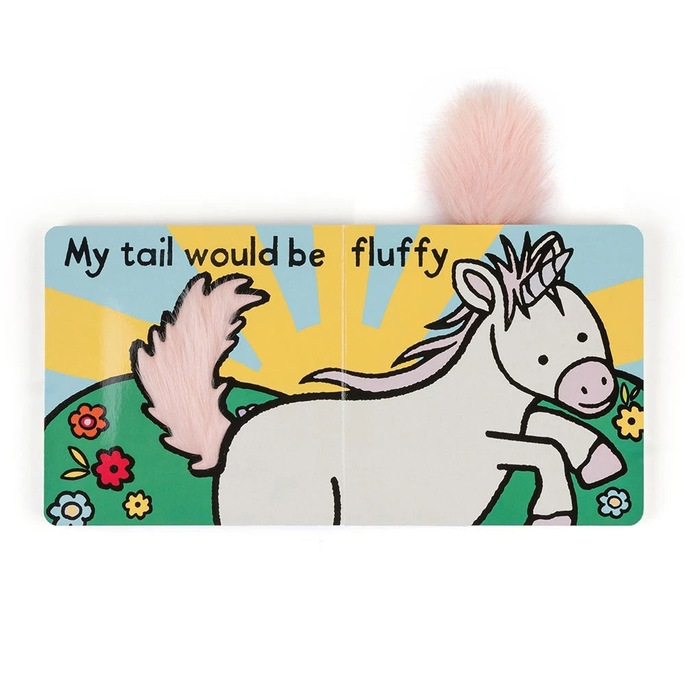 Childrens book page with illustration of a unicorn and text My tail would be fluffy and a pink faux fur tail attachment