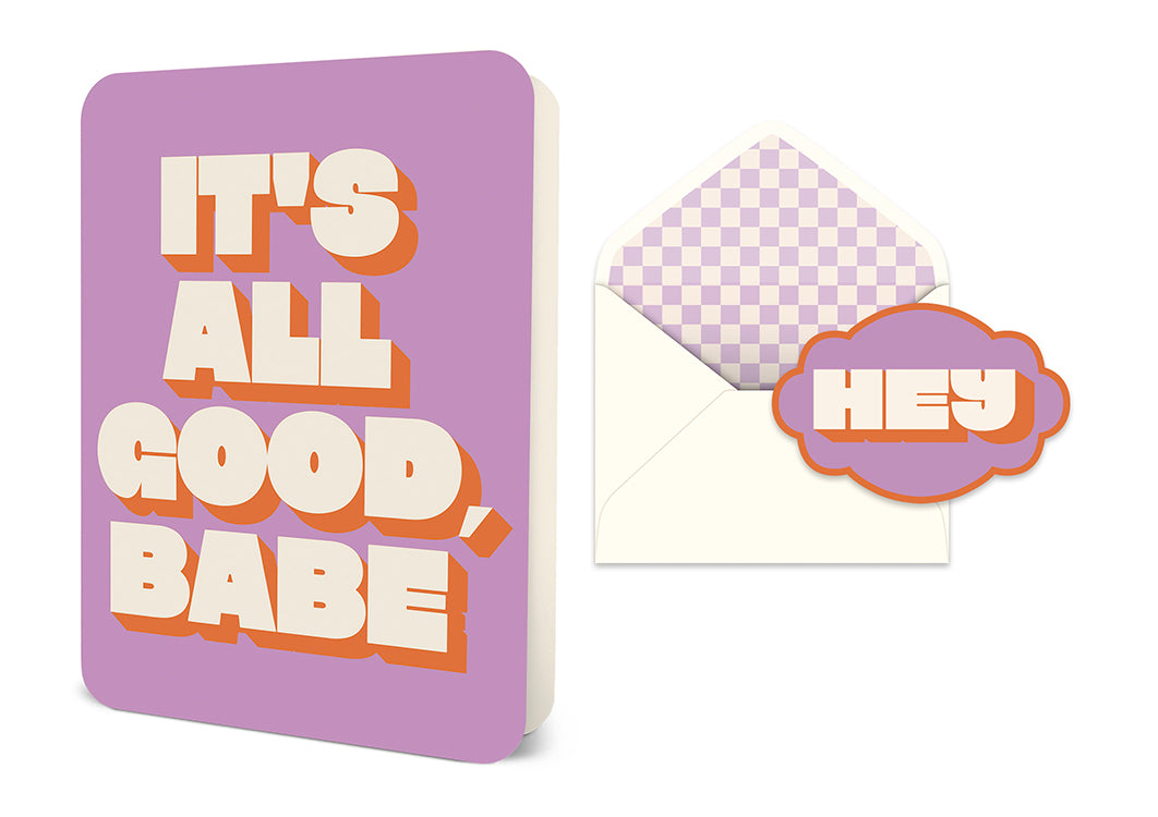 Greeting card with purple background and text It is all good babe next to an envelope with a checkered liner