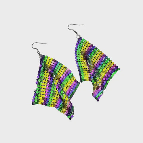 Purple, Green, and Gold Metal Mesh Earrings