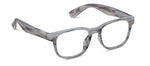 Pair of grey marbled plastic eyeglasses with thick rectangular frames and clear lenses angled on a white studio background