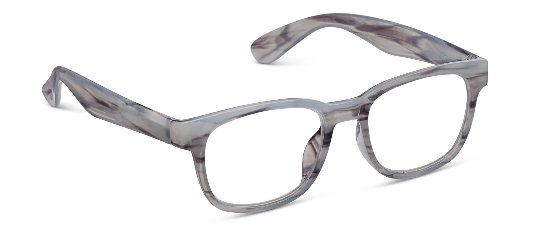 Pair of grey marbled plastic eyeglasses with thick rectangular frames and clear lenses angled on a white studio background