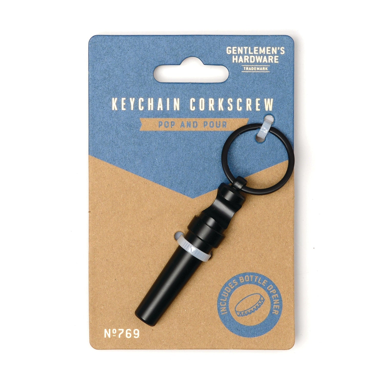 Product photo by Gentlemen's Hardware showing a black keychain corkscrew and bottle opener combination on its blue and kraft brown retail package with "Pop and Pour" branding and "No 769" product number