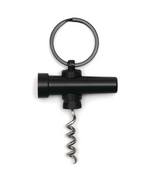 Photography of a modern minimalist matte black corkscrew with a silver metallic helix worm and an integrated keyring loop on a bright white background