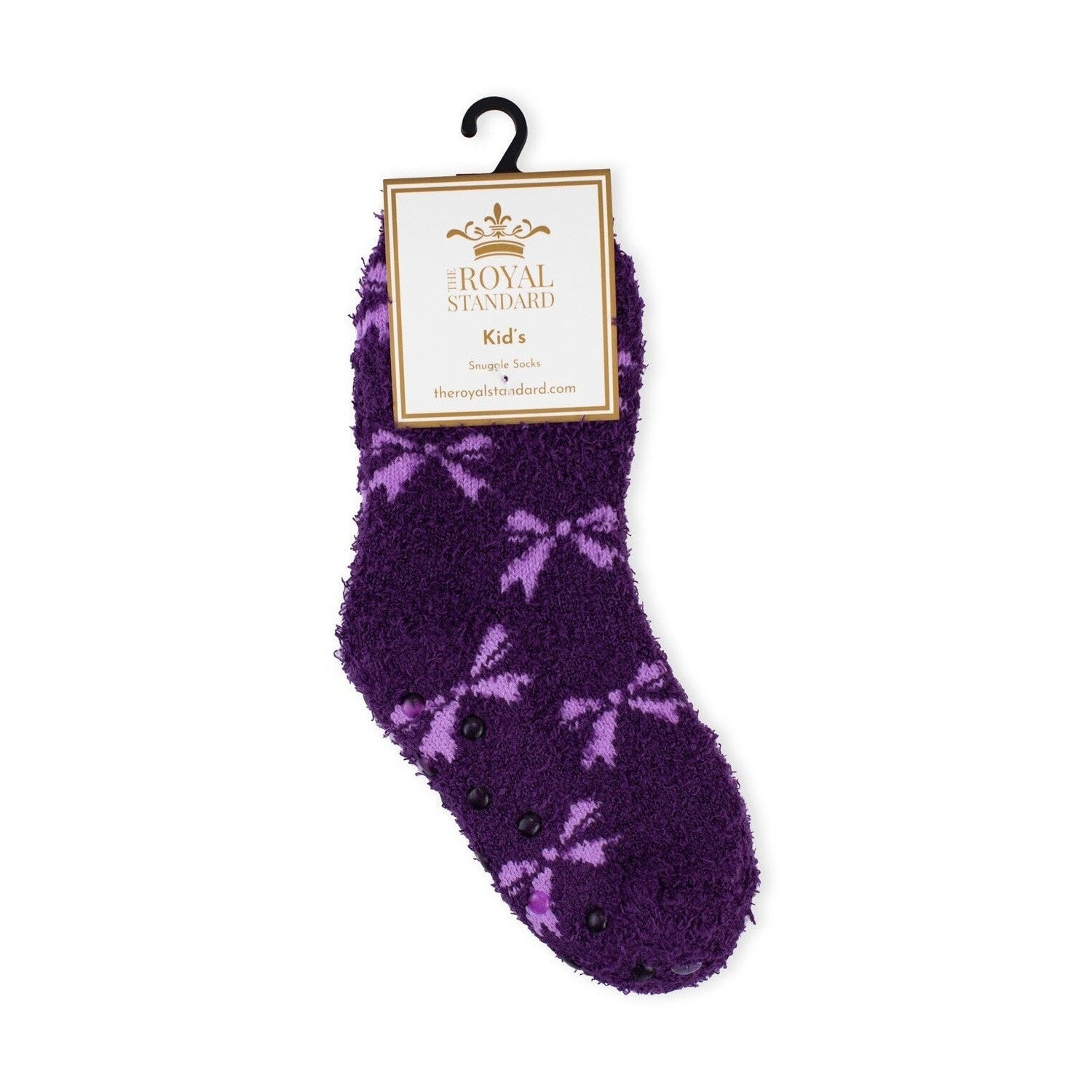 Royal Standard Kid's Snuggle Sock, deep purple and fluffy, features light purple bow patterns and black anti-slip grips