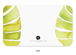 White card with green watercolor monstera leaf illustrations on left and right edges and E Frances Paper logo