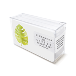 Clear plastic box containing E Frances Little Notes stationery with a green monstera leaf illustration