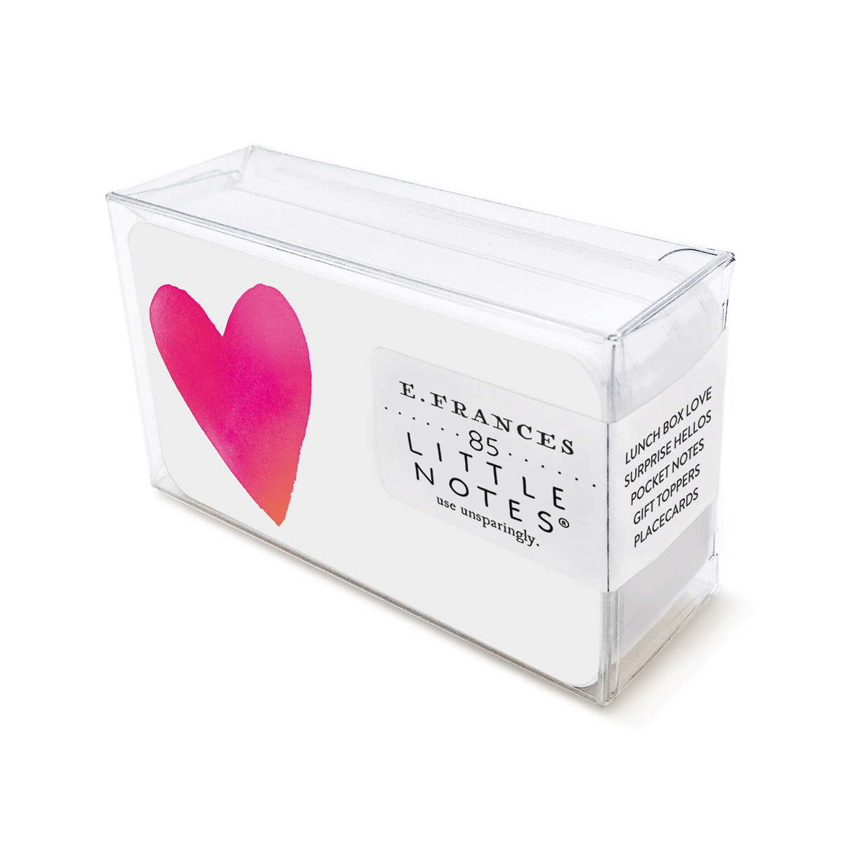 Clear plastic box containing E Frances Little Notes with a pink watercolor heart design