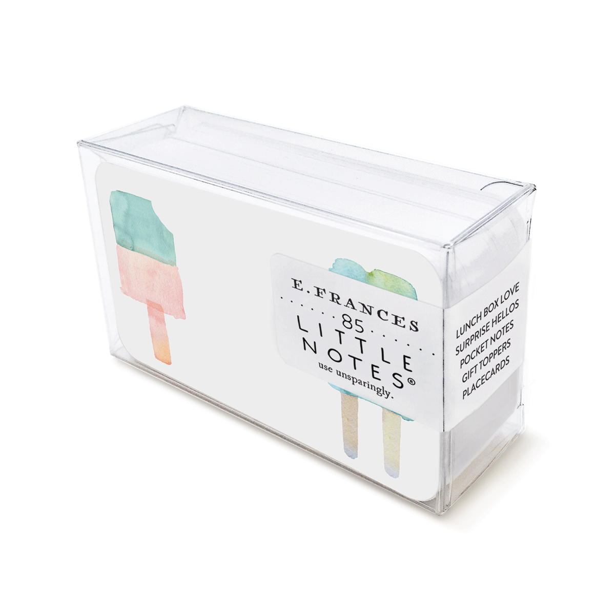 Clear plastic box containing E Frances Little Notes with watercolor popsicle illustrations